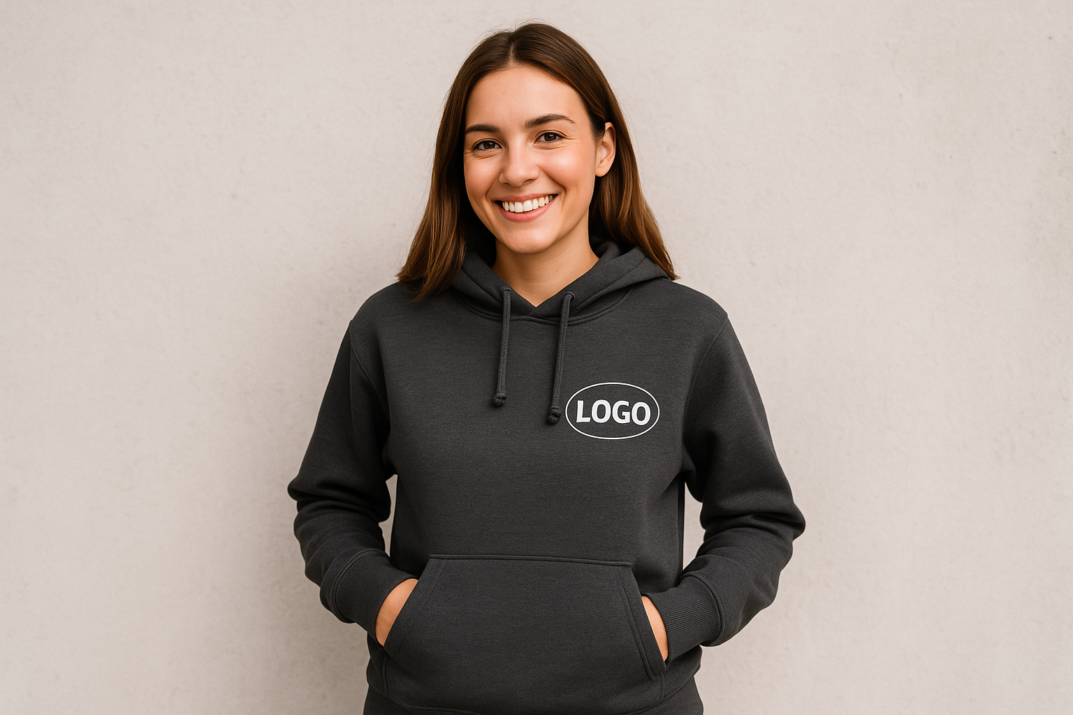 femme avec sweat gris, logo blanc côté coeur