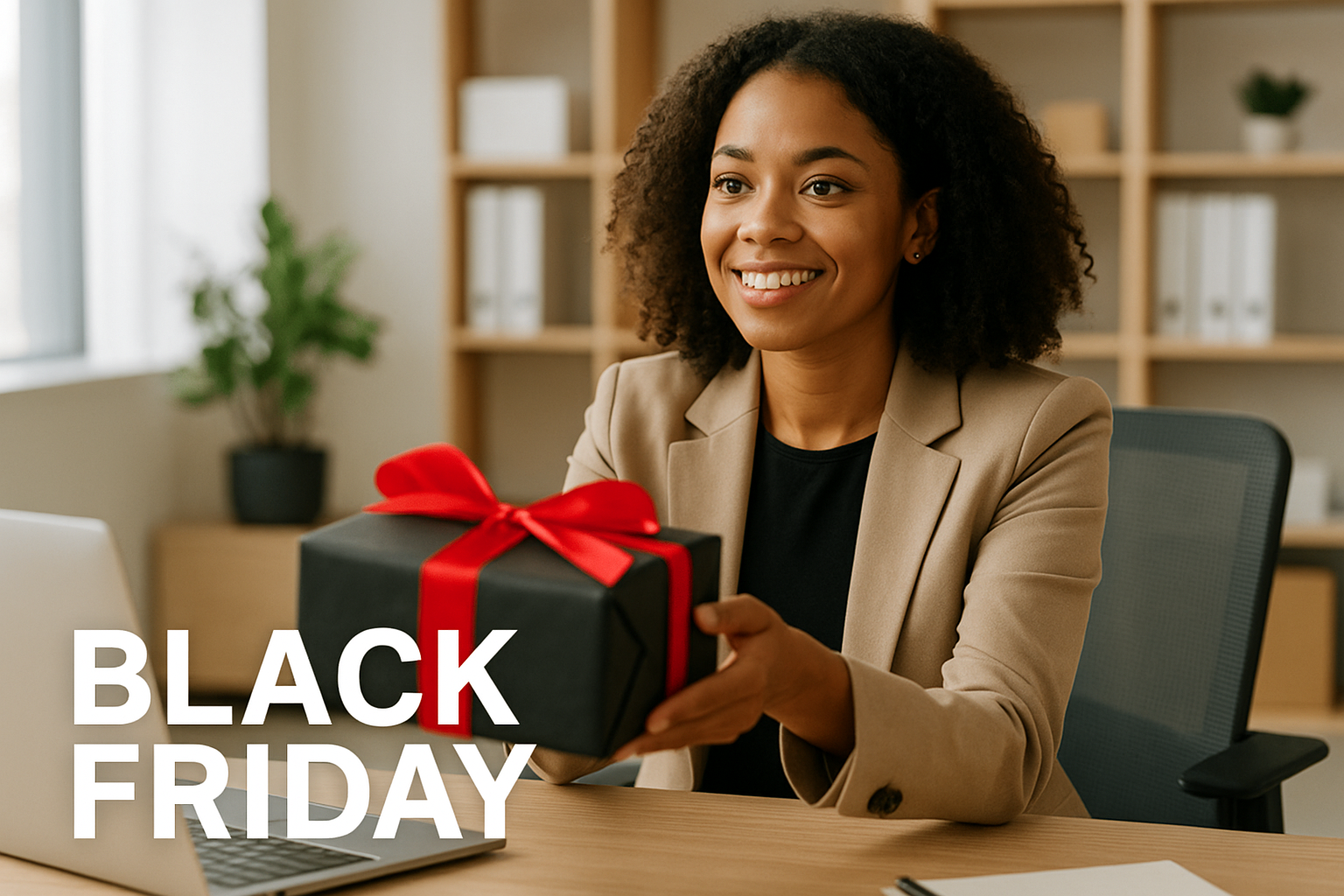 femme avec veste beige, cadeau black friday