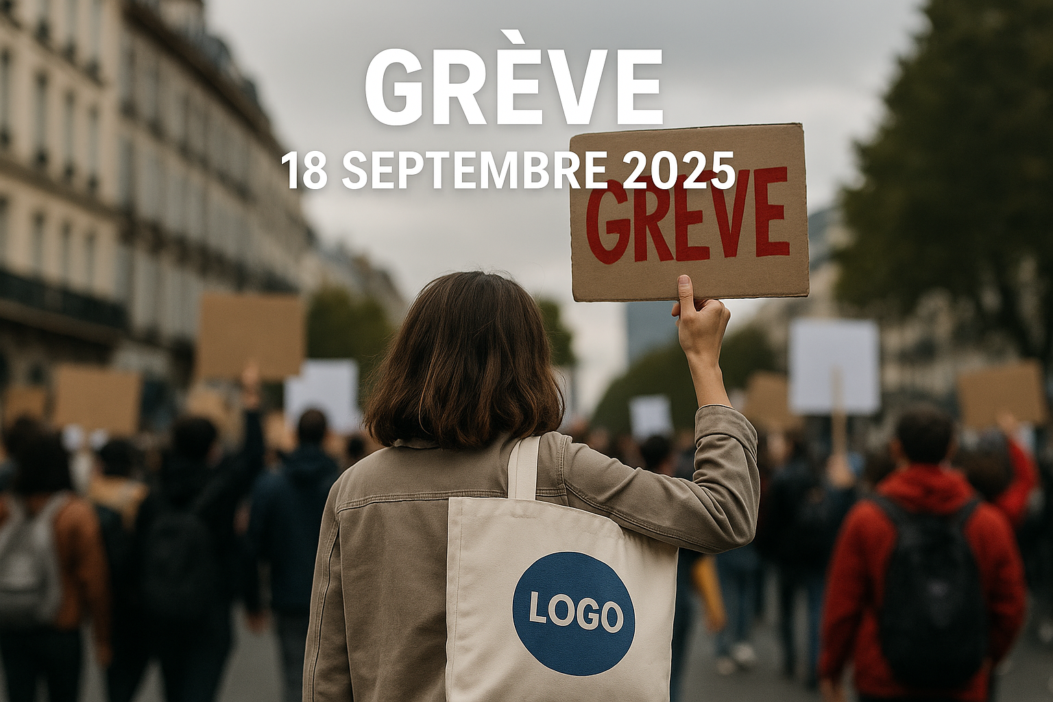 femme avec veste beige et tote bag beige clair avec logo bleu