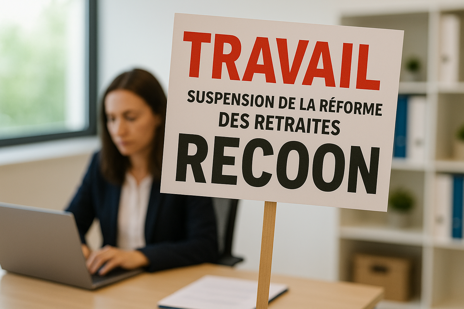 femme en costume avec panneau suspension de la reforme des retraites