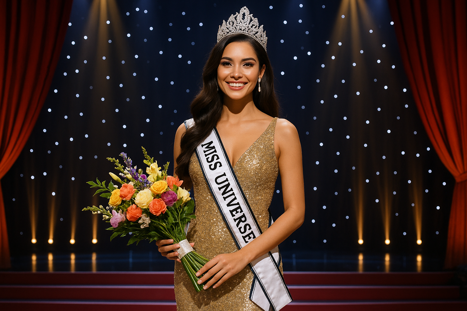 femme en robe avec bouquet de fleur et banderole miss univers