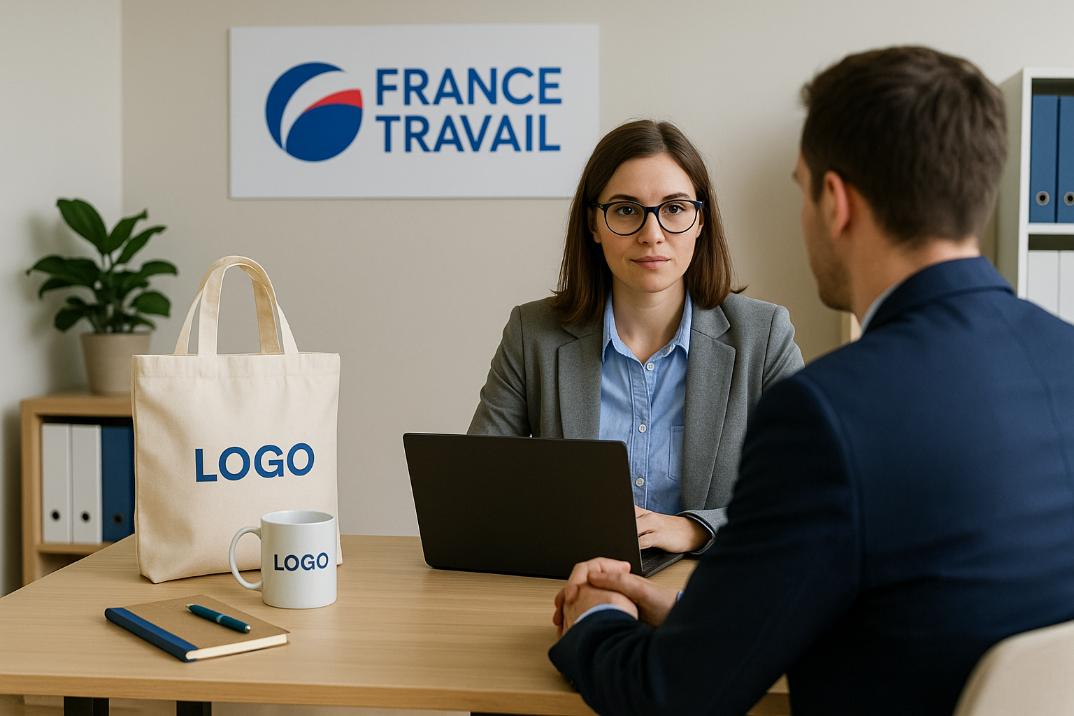 femme et homme avec tote bag, mug, agenda et stylo avec logos