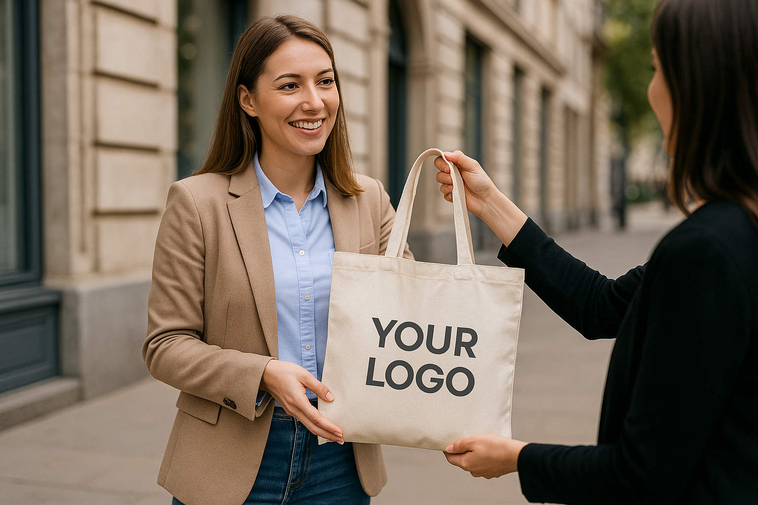 femme qui donne un tote bag personnalisé à une autre femme dans la rue