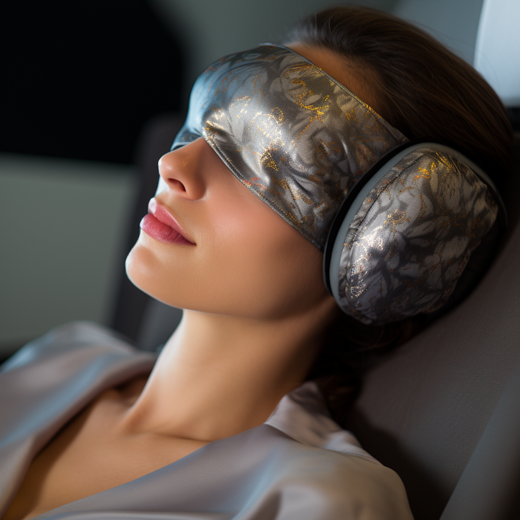 Une femme allongée sur le dos dort en portant un masque de voyage personnalisable