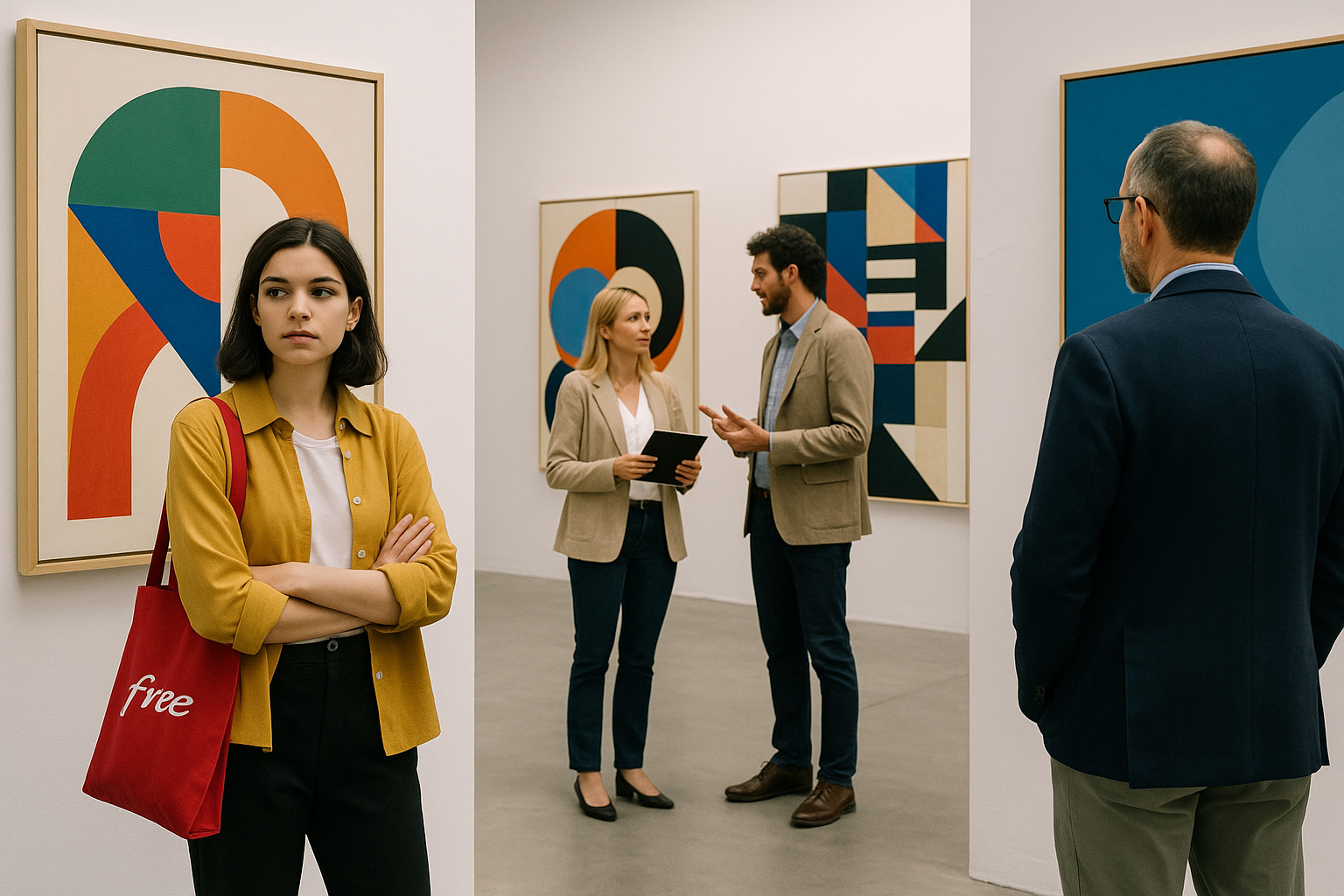femmes et hommes avec vestes et costumes avec tablette et tote bag