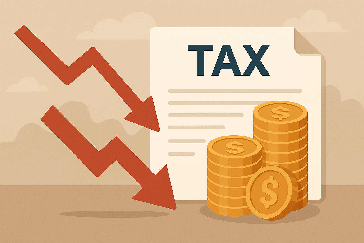 feuille avec taxe pieces de monnaie, fleches qui descendent