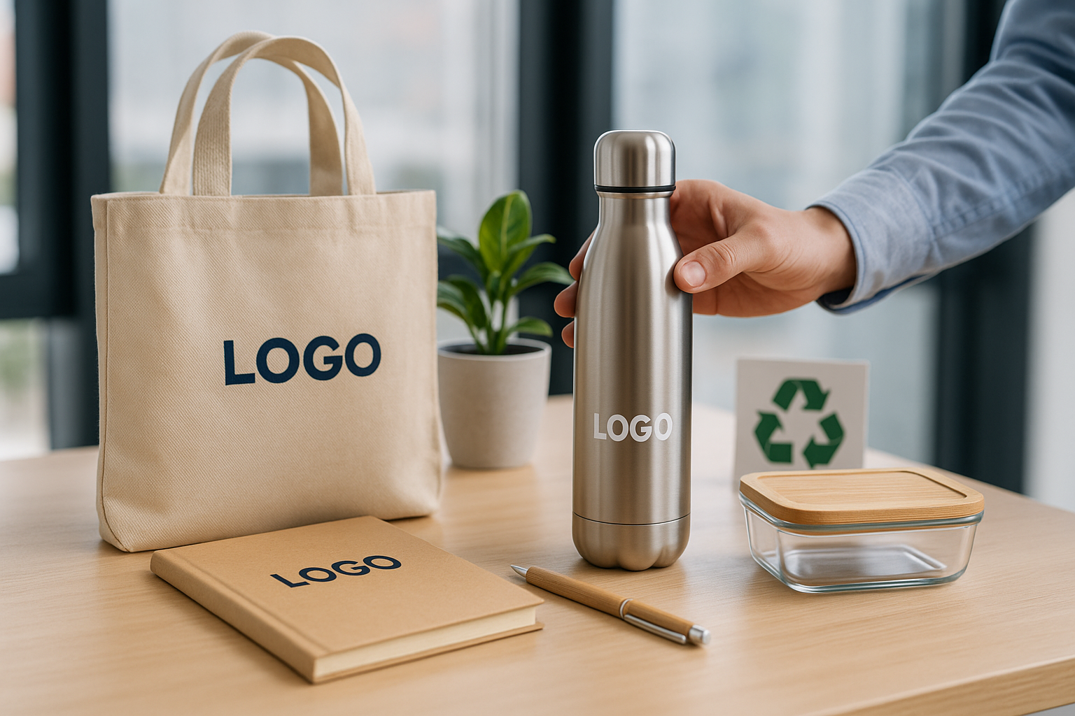 tote bag beige avec gourde metallisée, tupperware en verre et bambou, agenda beige et stylo beige