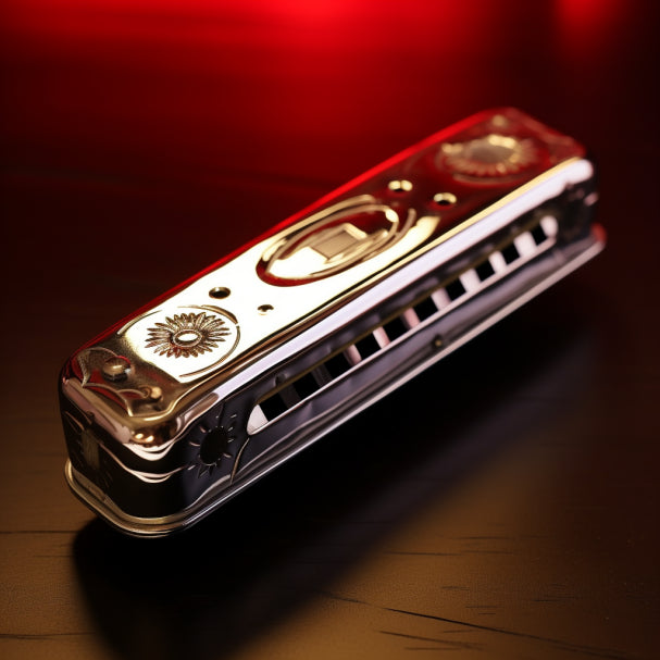 Un harmonica très joli posé sur une table en bois