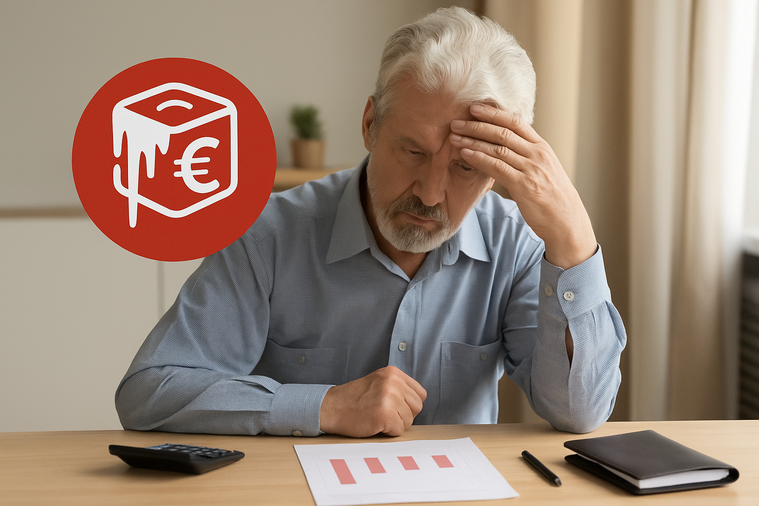 homme agé avec chemise, agenda, stylo et calculatrice