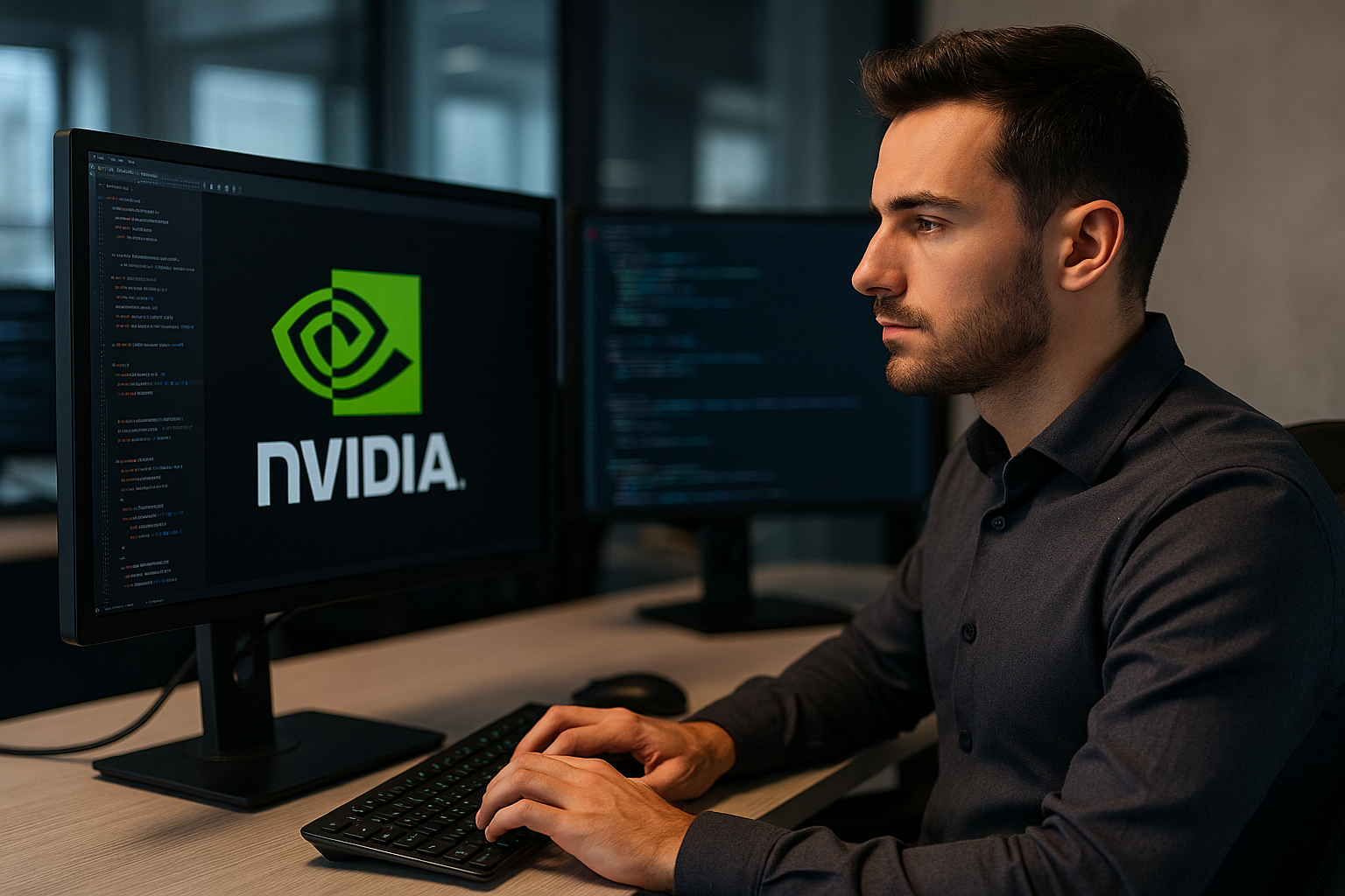 homme avec chemise devant un ecran affiche nvidia