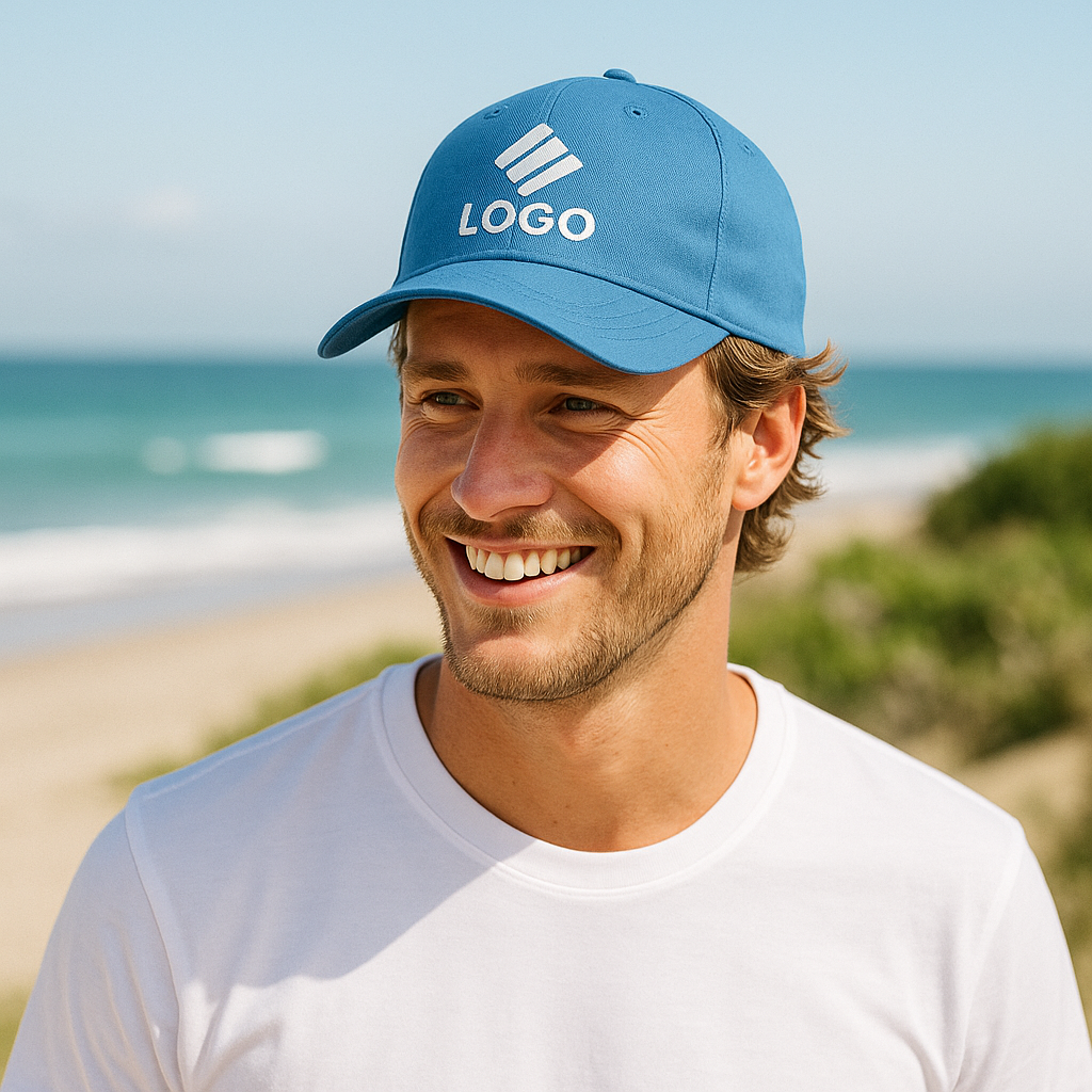 homme avec t-shirt blanc et casquette bleu, logo blanc au centre
