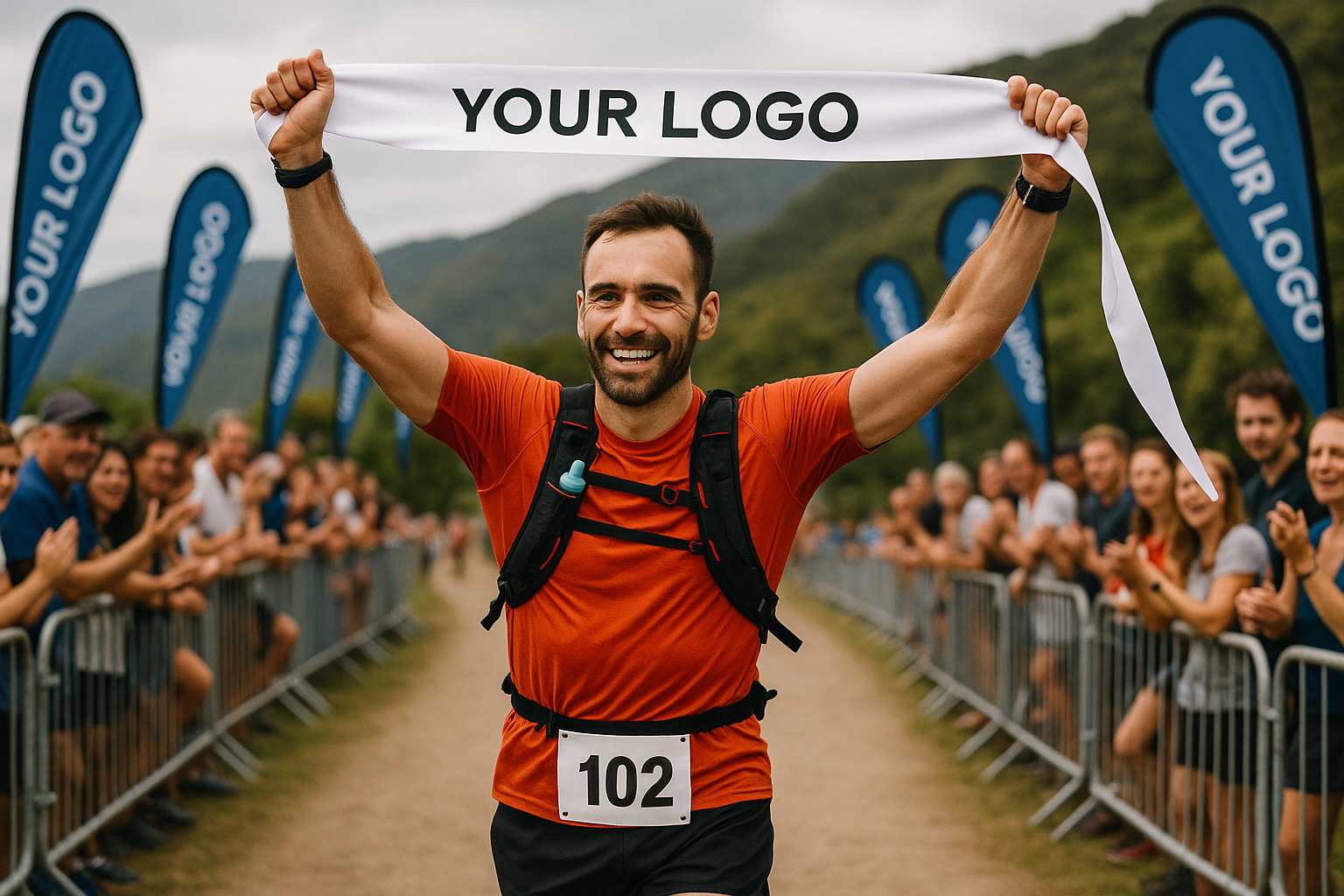 homme avec t-shirt, sac à dos avec drapeaux et logos derrières