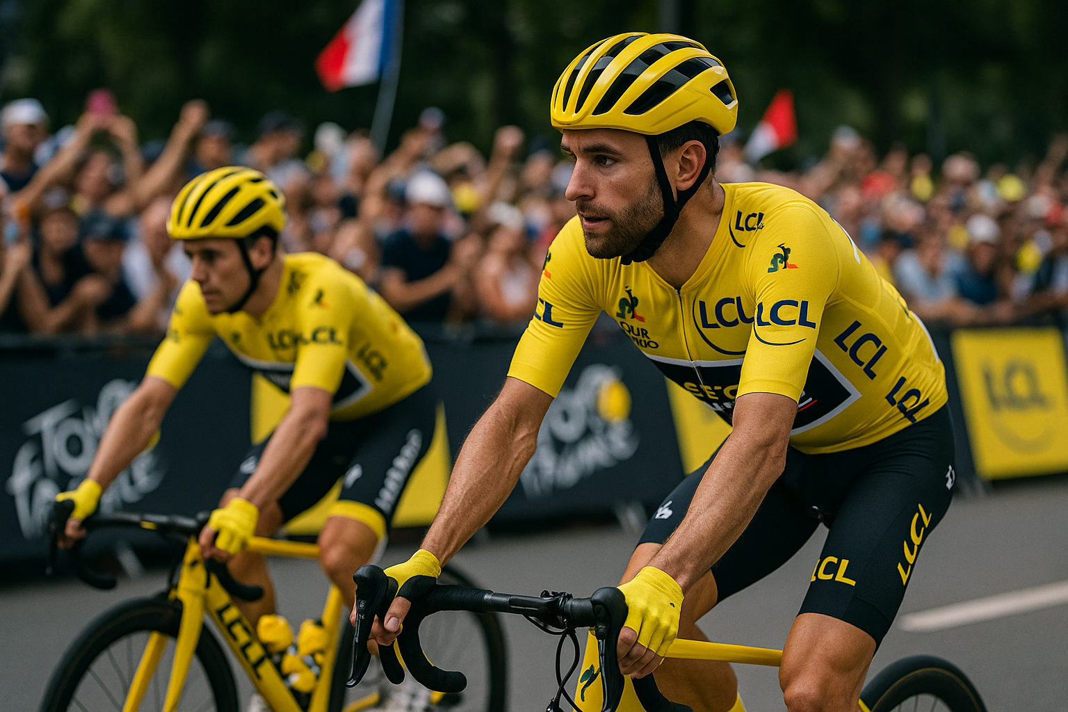 hommes avec tenue de cyclistes noires et jaunes sur des vélos avec logos