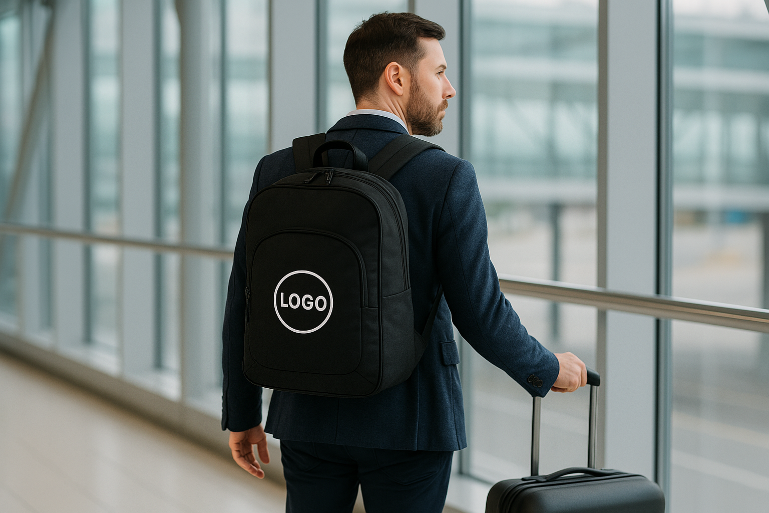 homme en costume avec sac à dos noir avec logo blanc au centre