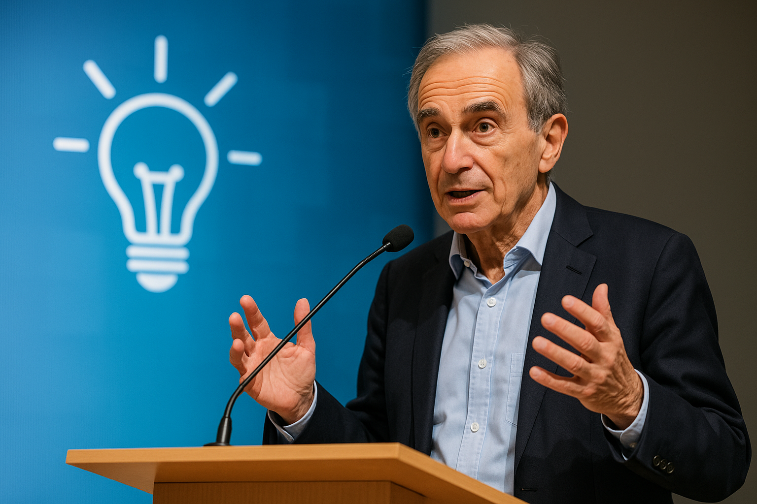 homme en costume devant un pupitre avec micro