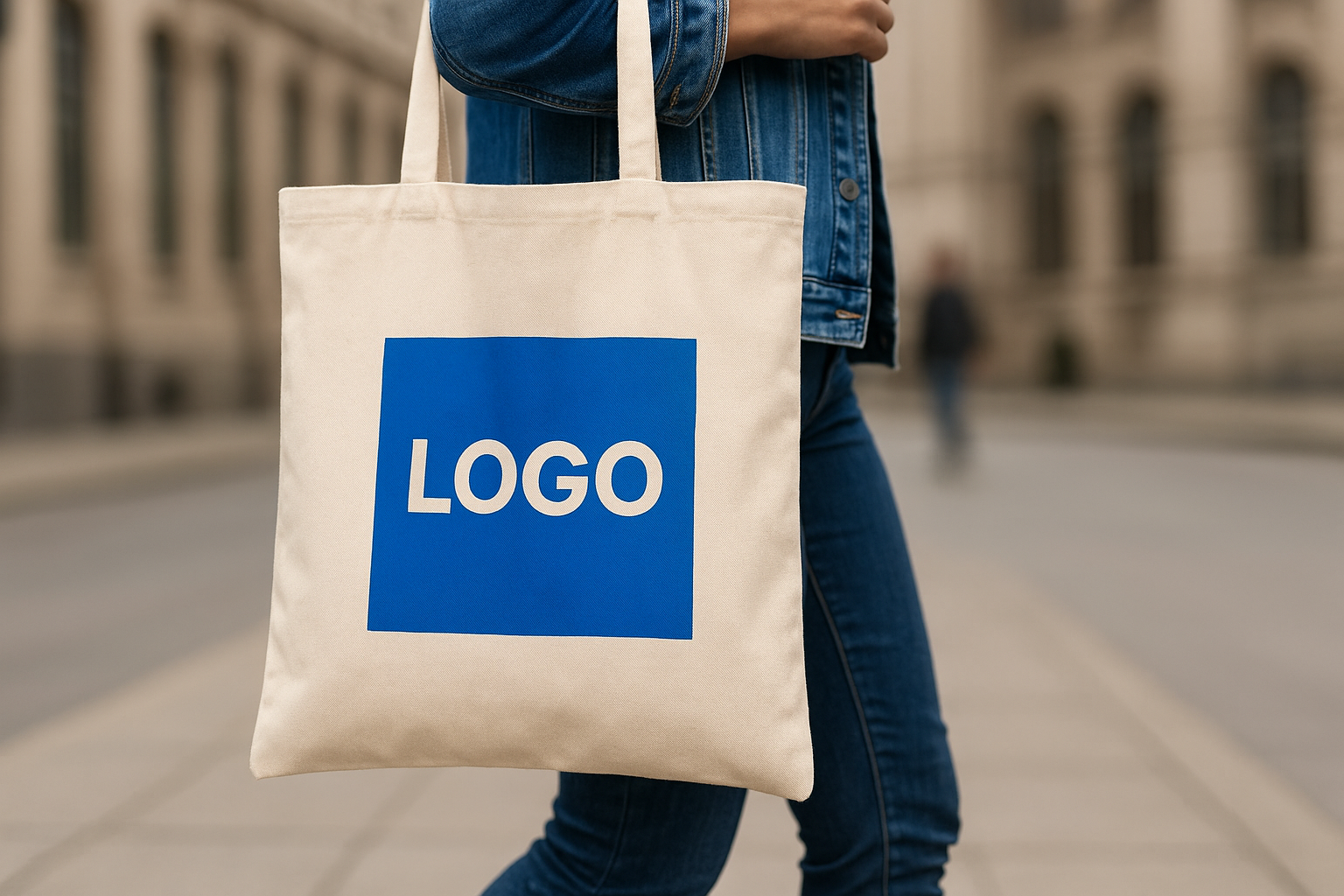 homme en jean avec tote bag marqué logo au centre sur fond bleu