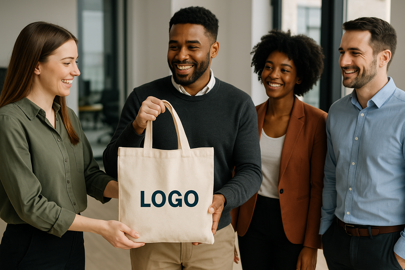 hommes et femmes qui tiennent un tote bag beige dans leurs mains