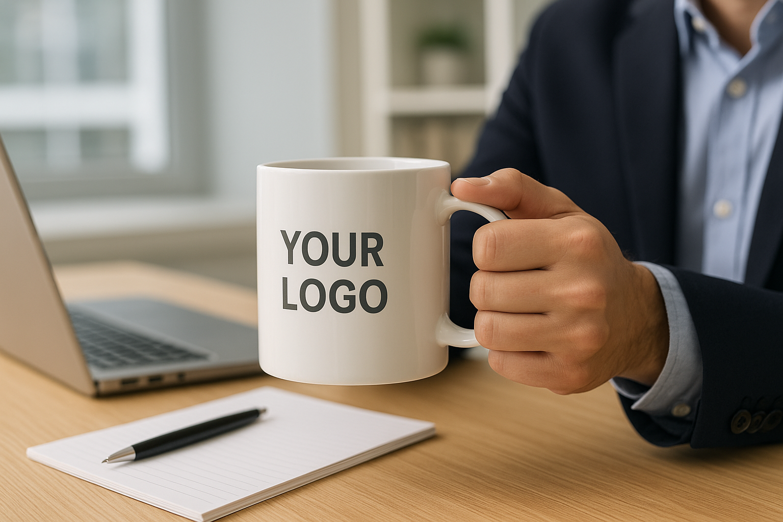 homme avec veste de costume noire, chemise bleu, tiens à la main mug blanc avec logo noir au dessus d'un bloc note et stylo noir