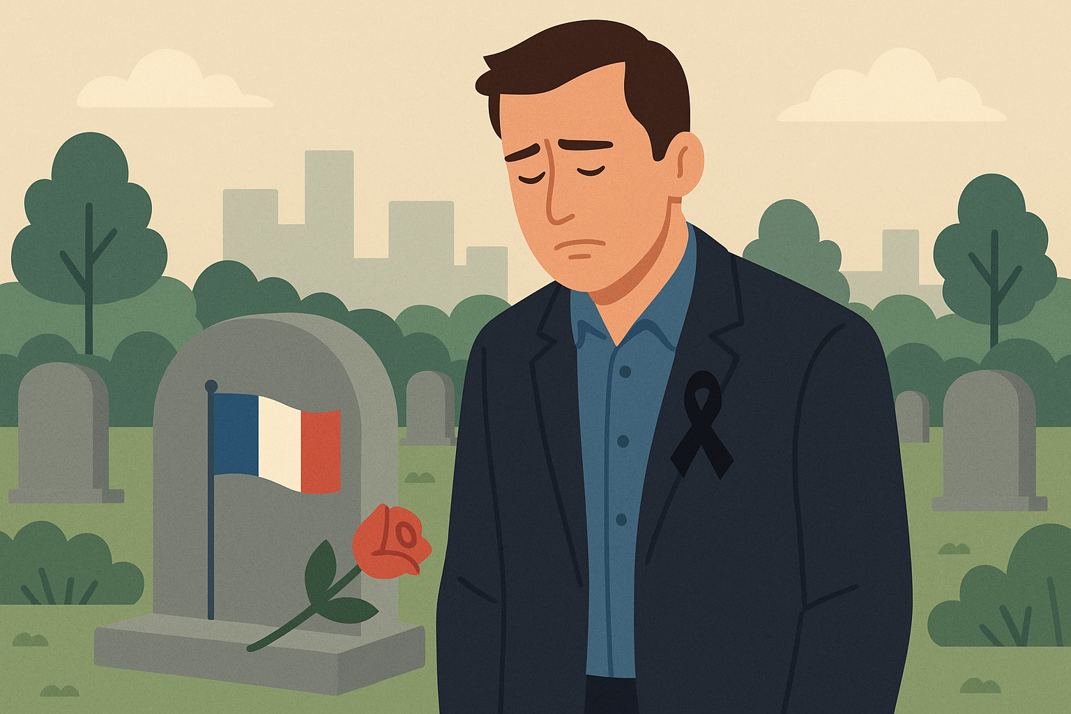 homme triste devant une tombe avec drapeau français et une rose