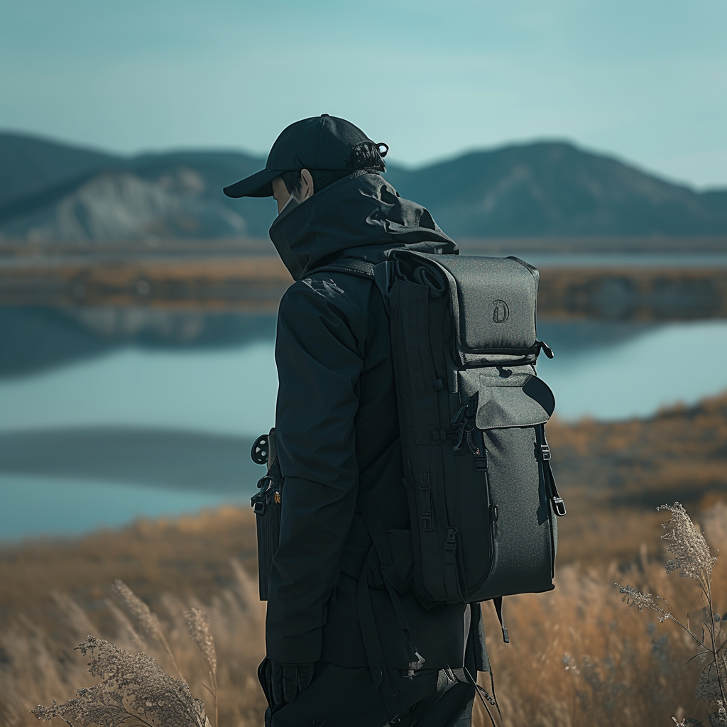 Illustration d'un homme portant une tenue noire avec une casquette noire et un sac à dos noir 