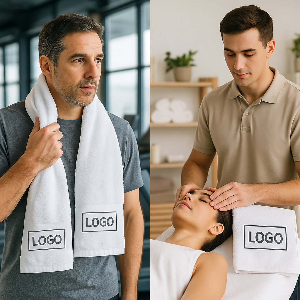 hommes avec polo beige et t-shirt gris, avec serviette blanche et logo gris