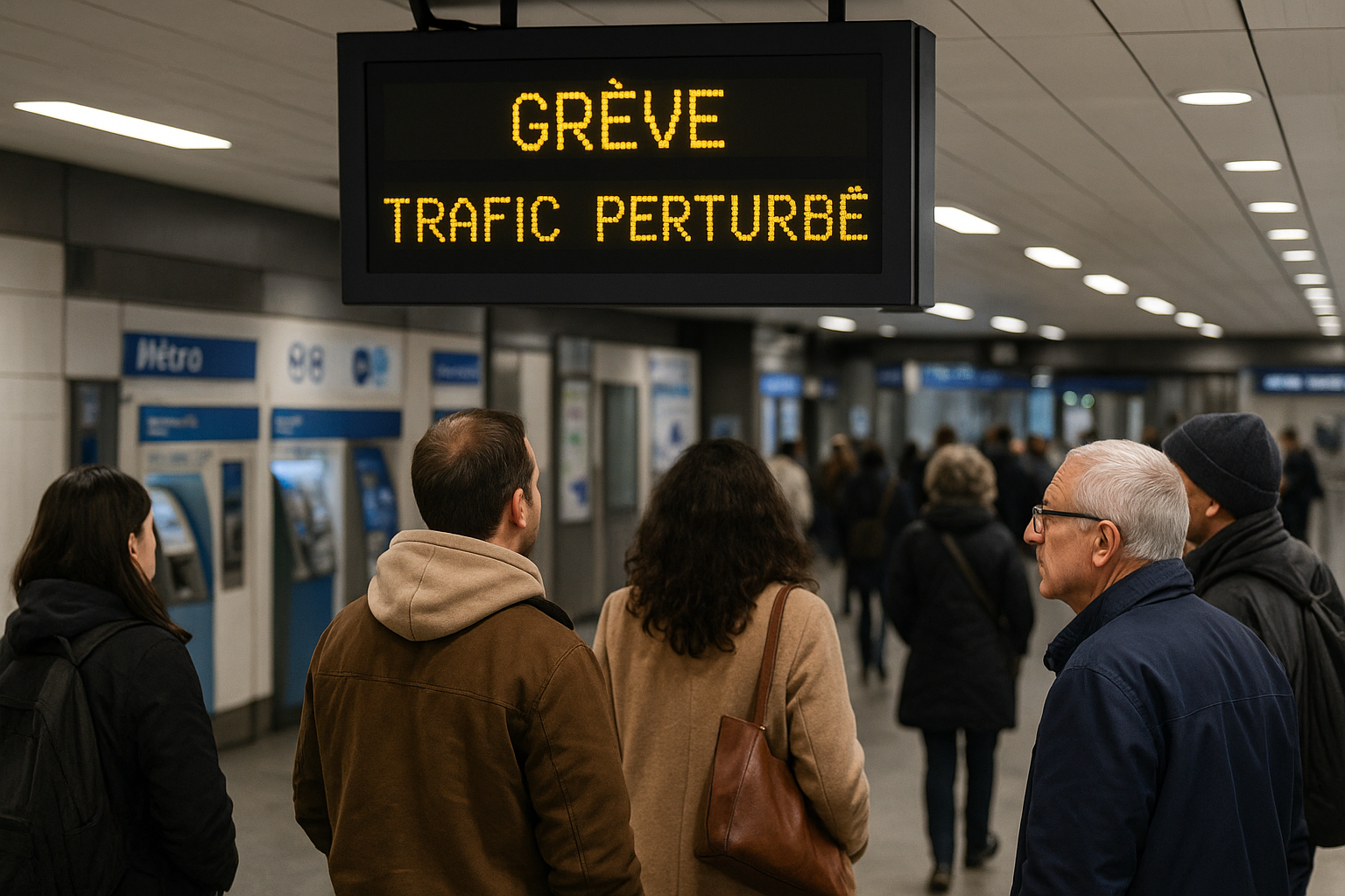 hommes et femmes avec vestes et sacs dans une gare en grève