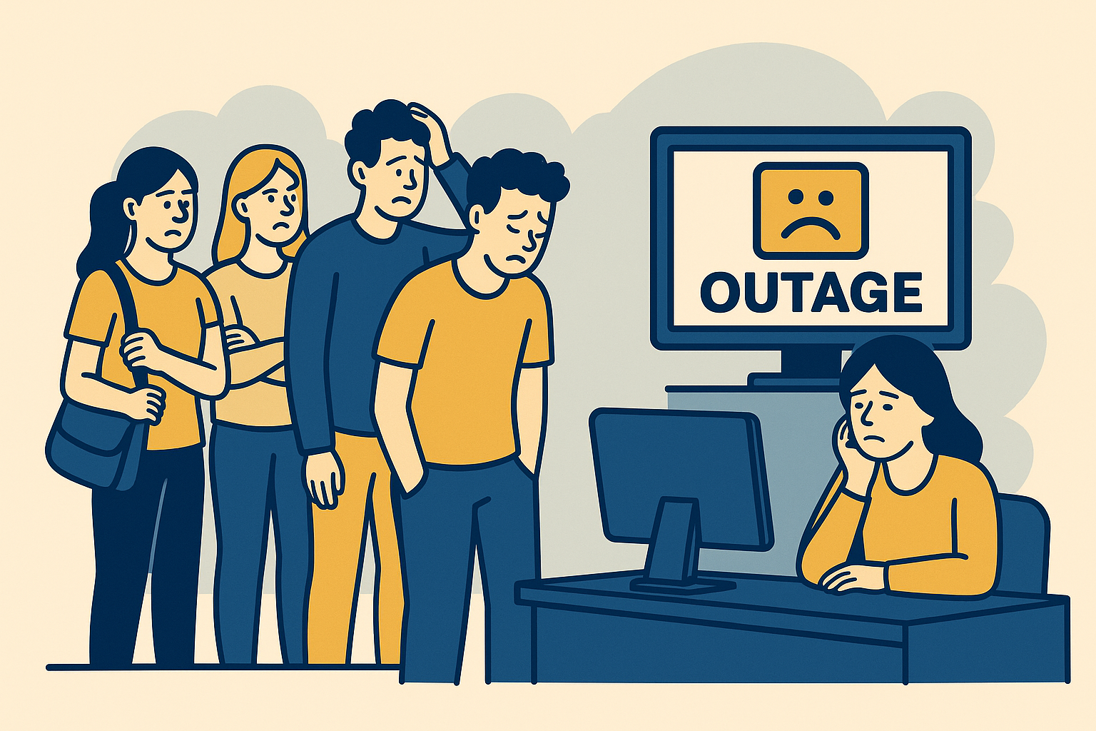 hommes et femmes decus suite a panne de billeterie