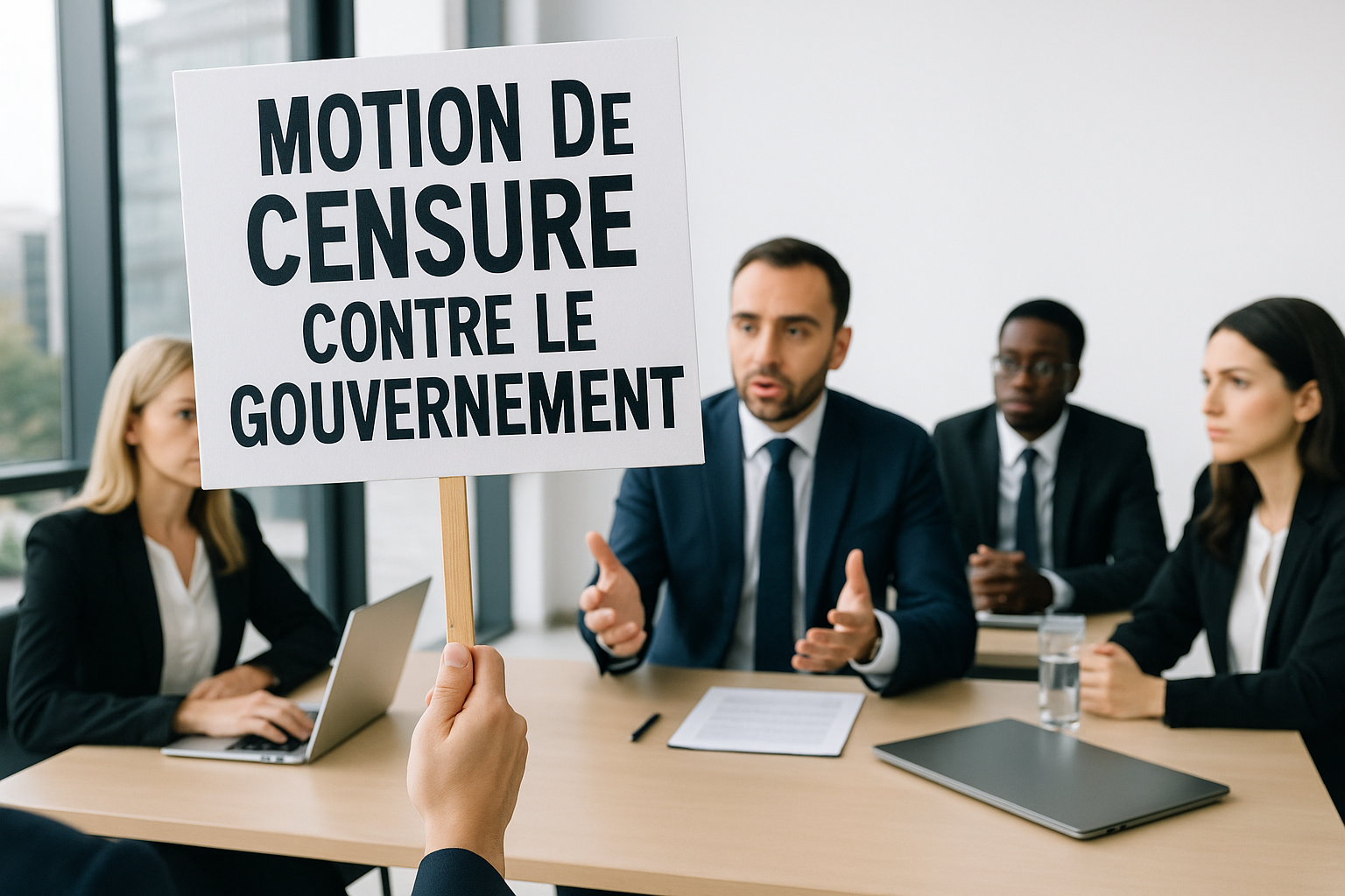 hommes et femmes en costumes avec panneau motion de censure