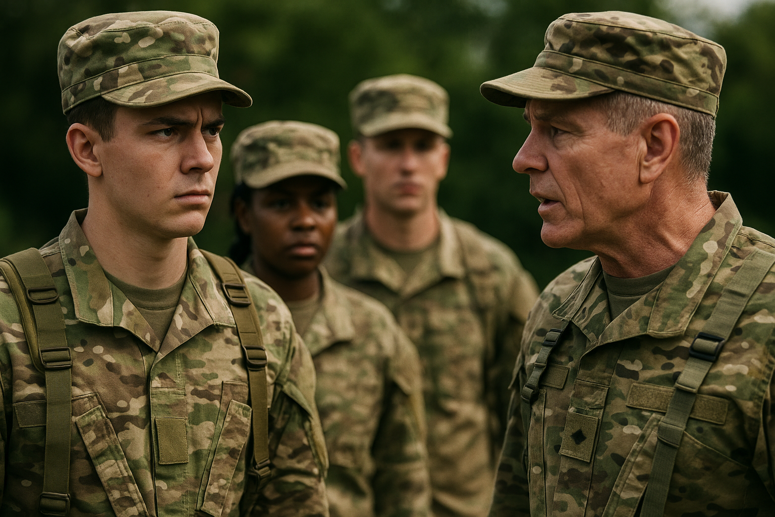 hommes et femmes en tenue militaire avec casquettes