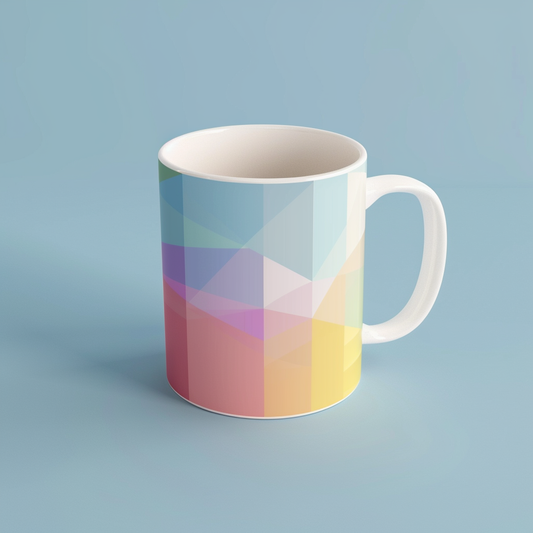 Illustration isométrique d'un mug aux couleurs vives et joyeuses sur un fond bleu ciel