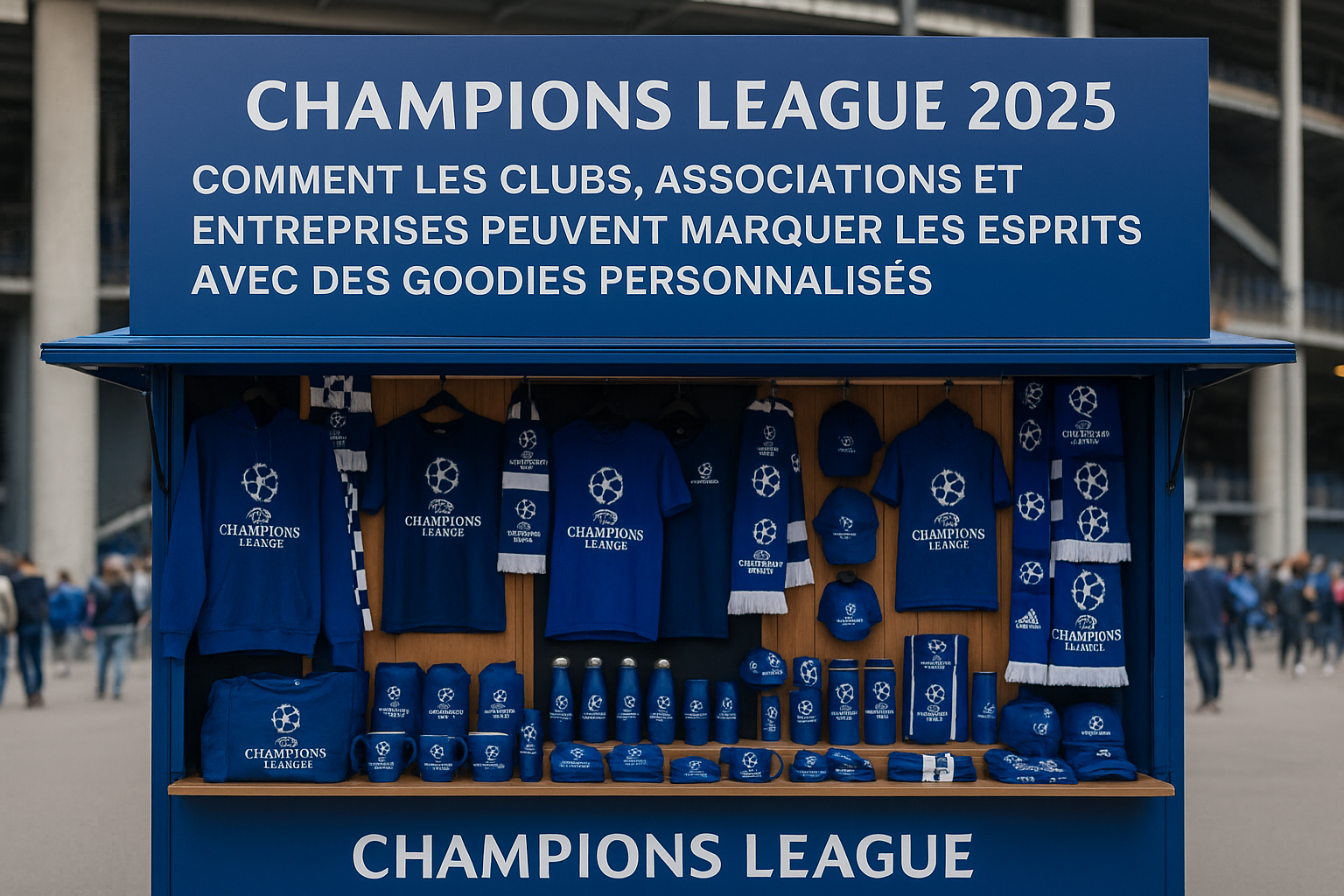 kiosque avec t-shirts, casquettes bleus etc avec logo blanc