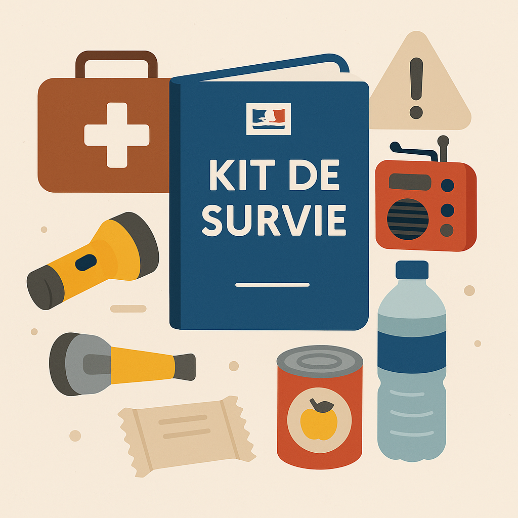 kit de survie avec lampes, médicaments, eau, radio, conserve etc