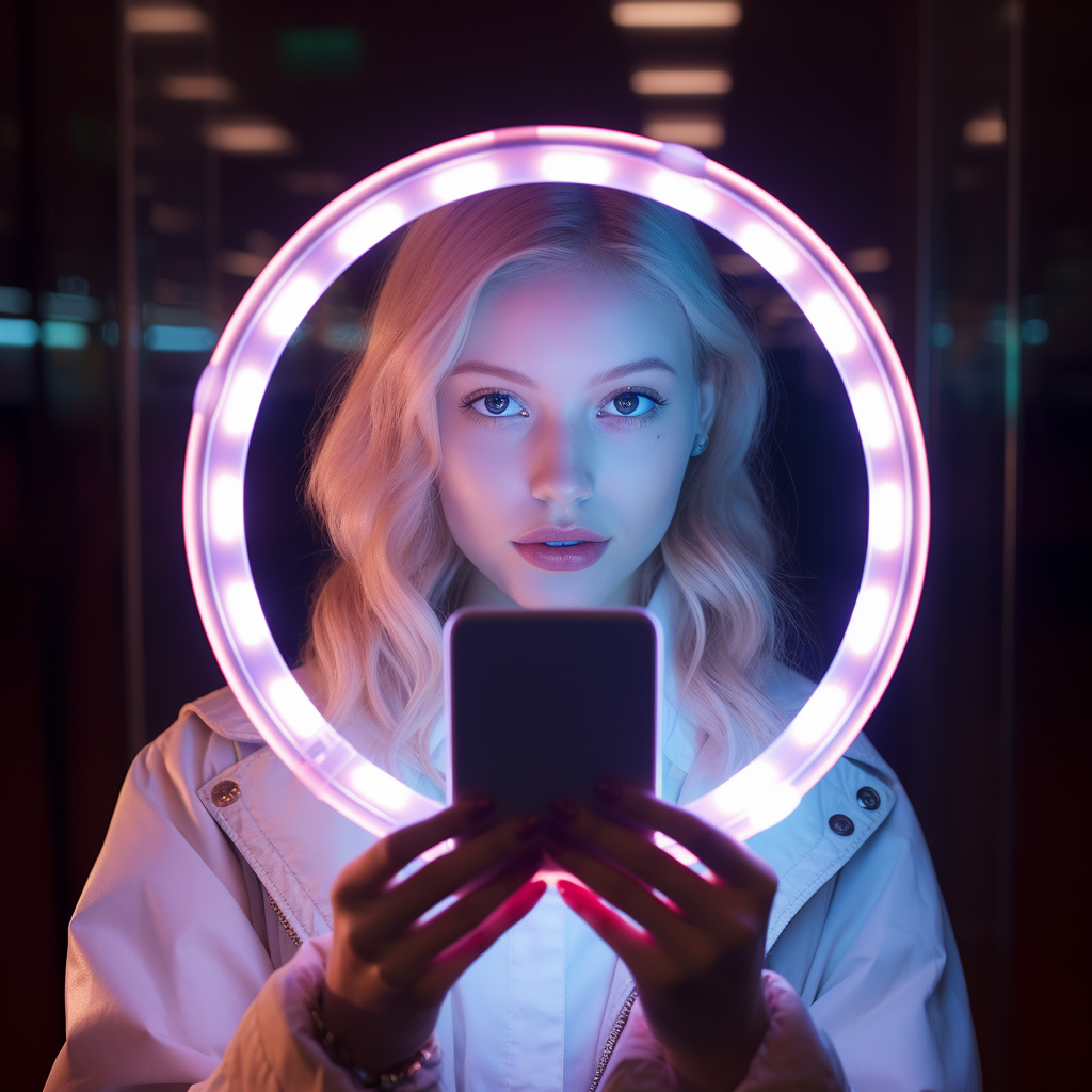 Une femme fait un selfie avec son anneau de lumière personnalisable 