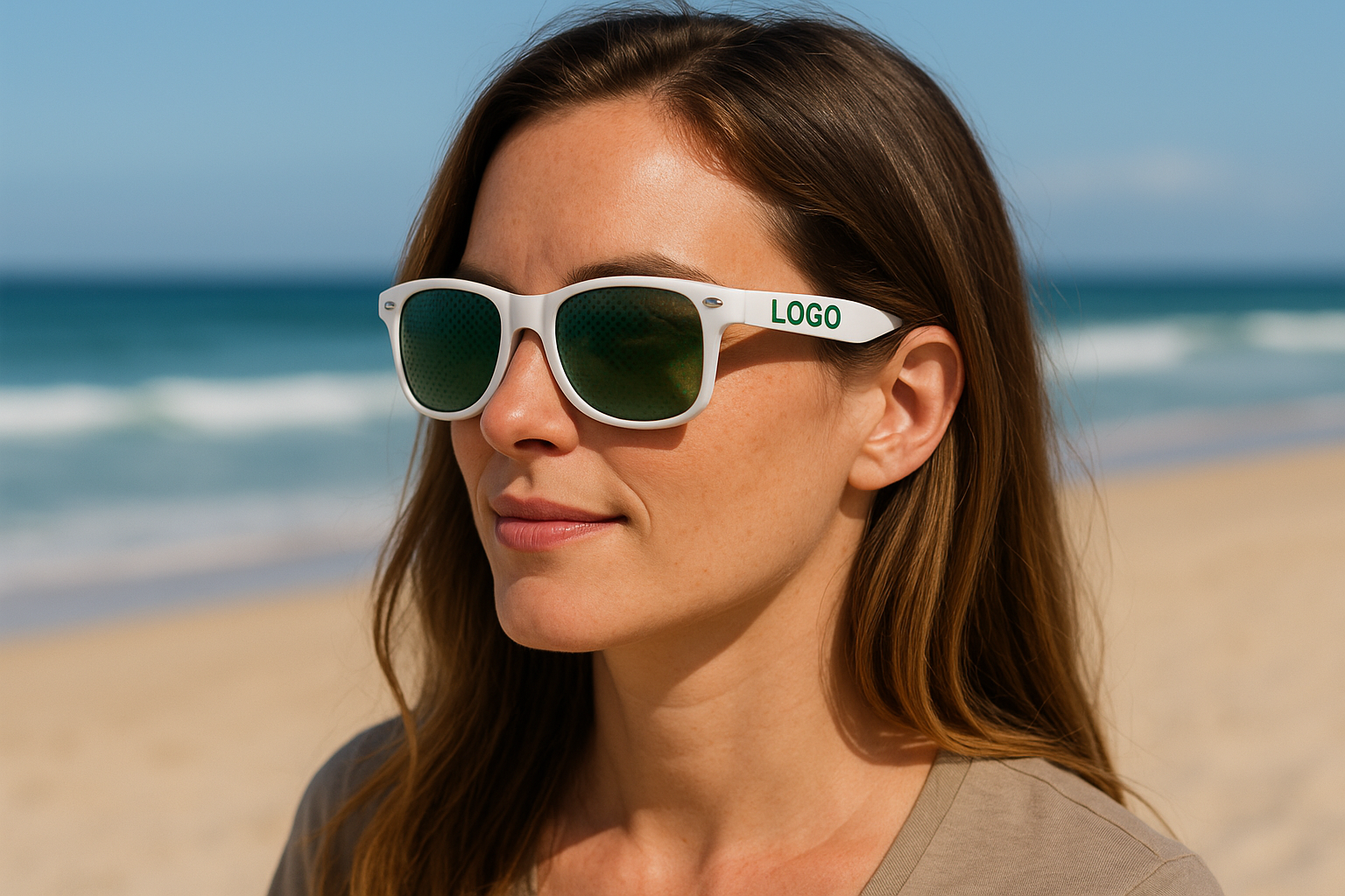 femme avec lunettes de soleil blanches et logo bleu sur la branche droite 