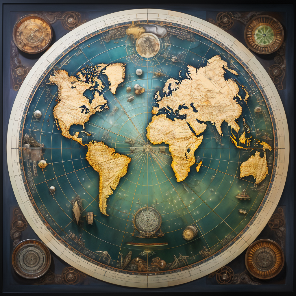 Mappemonde personnalisable translaser, présentée dans une perspective azimutale avec les continents de couleur or qui se détachent sur un fond bleu océanique