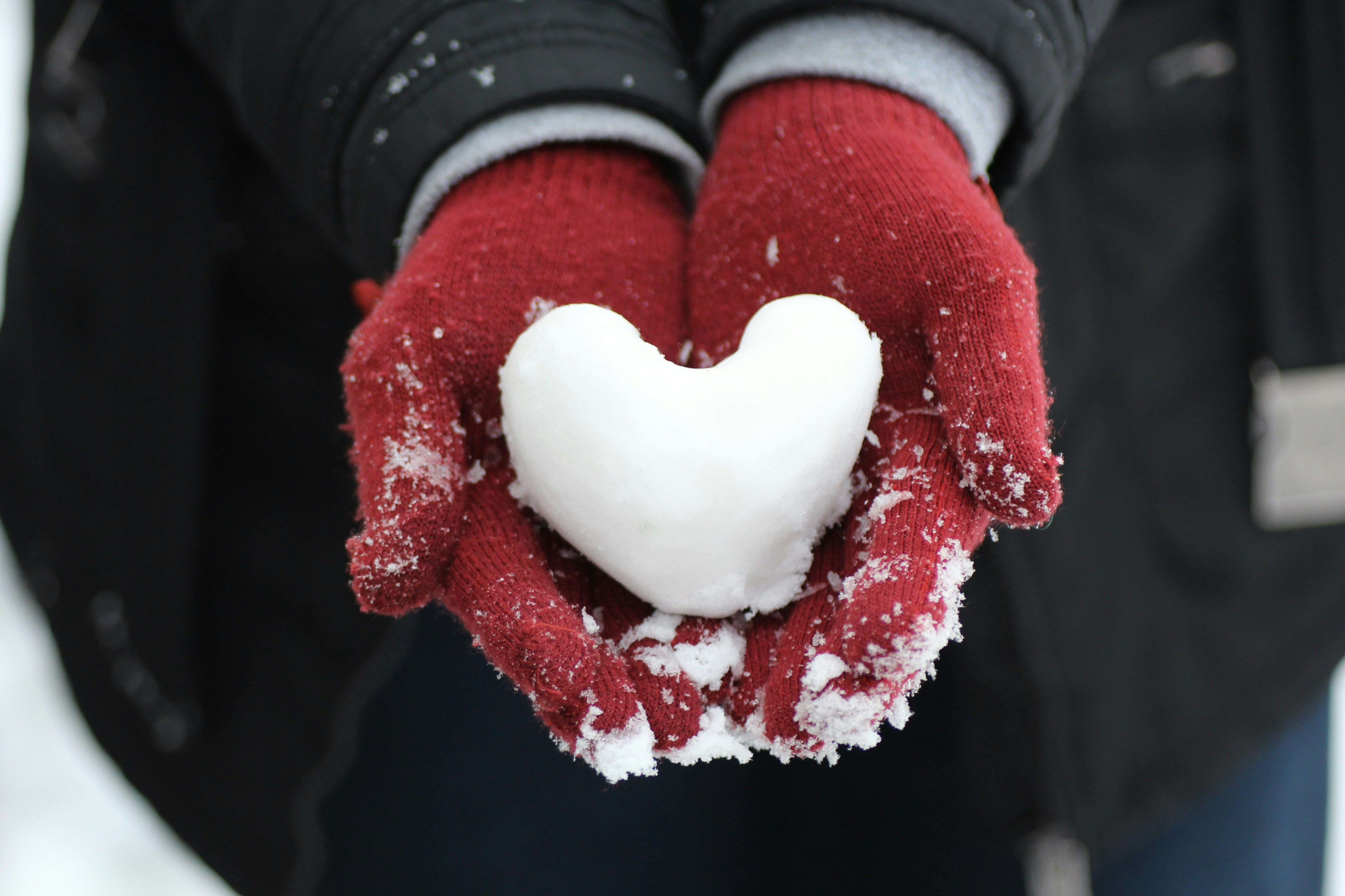 neige en forme de coeur dans les mains d'un individu 