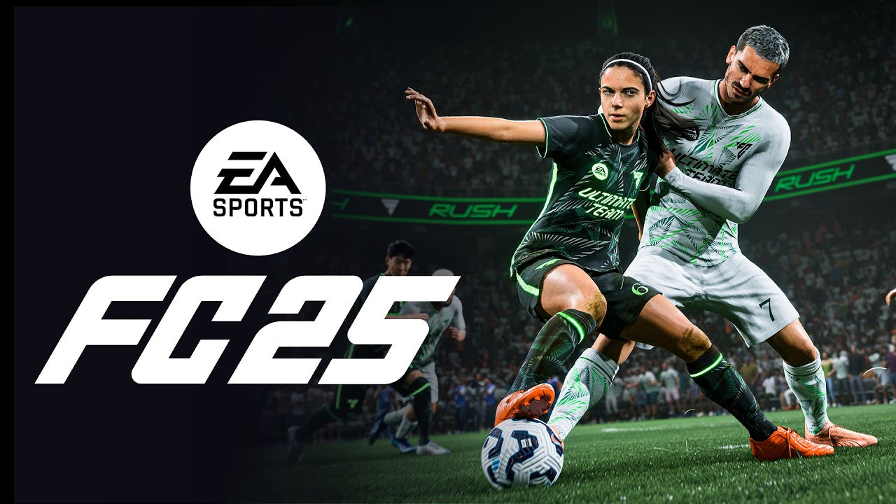EA SPORT FC 25 - bannière jeu, deux joueurs sur le terrain, une femme et un homme