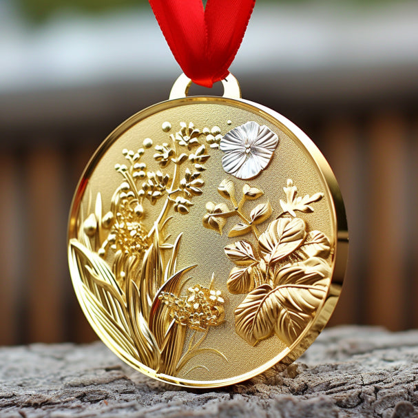 Très belle médaille d'or posée sur un rondin de bois
