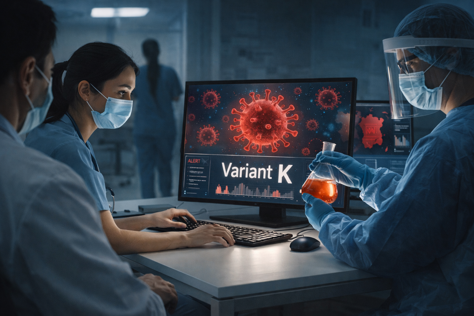 médecins avec masques et tenues, variant k présenté sur l'écran du pc
