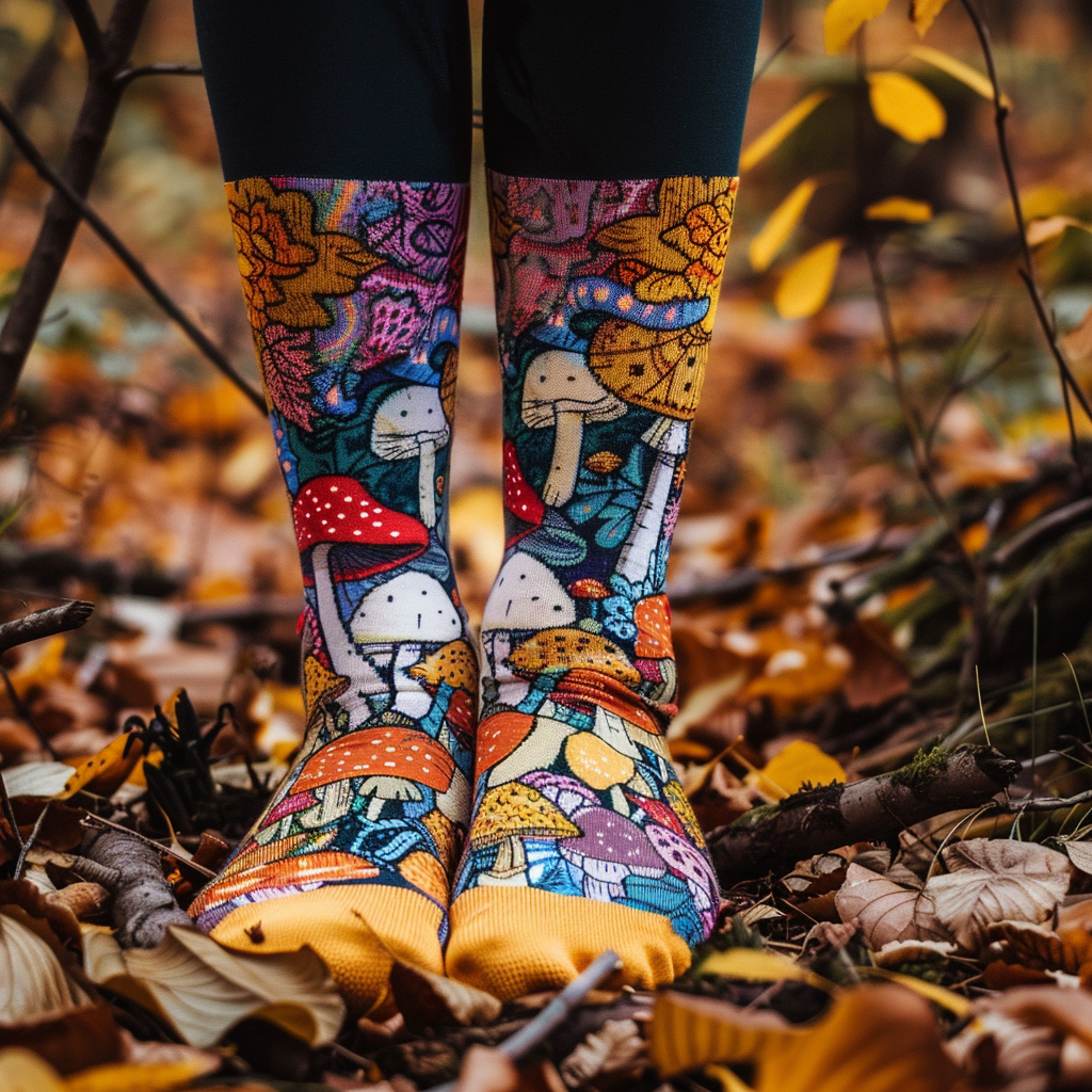 Une personne se tient debout dans la forêt en automne, en chaussettes aux motifs champignons