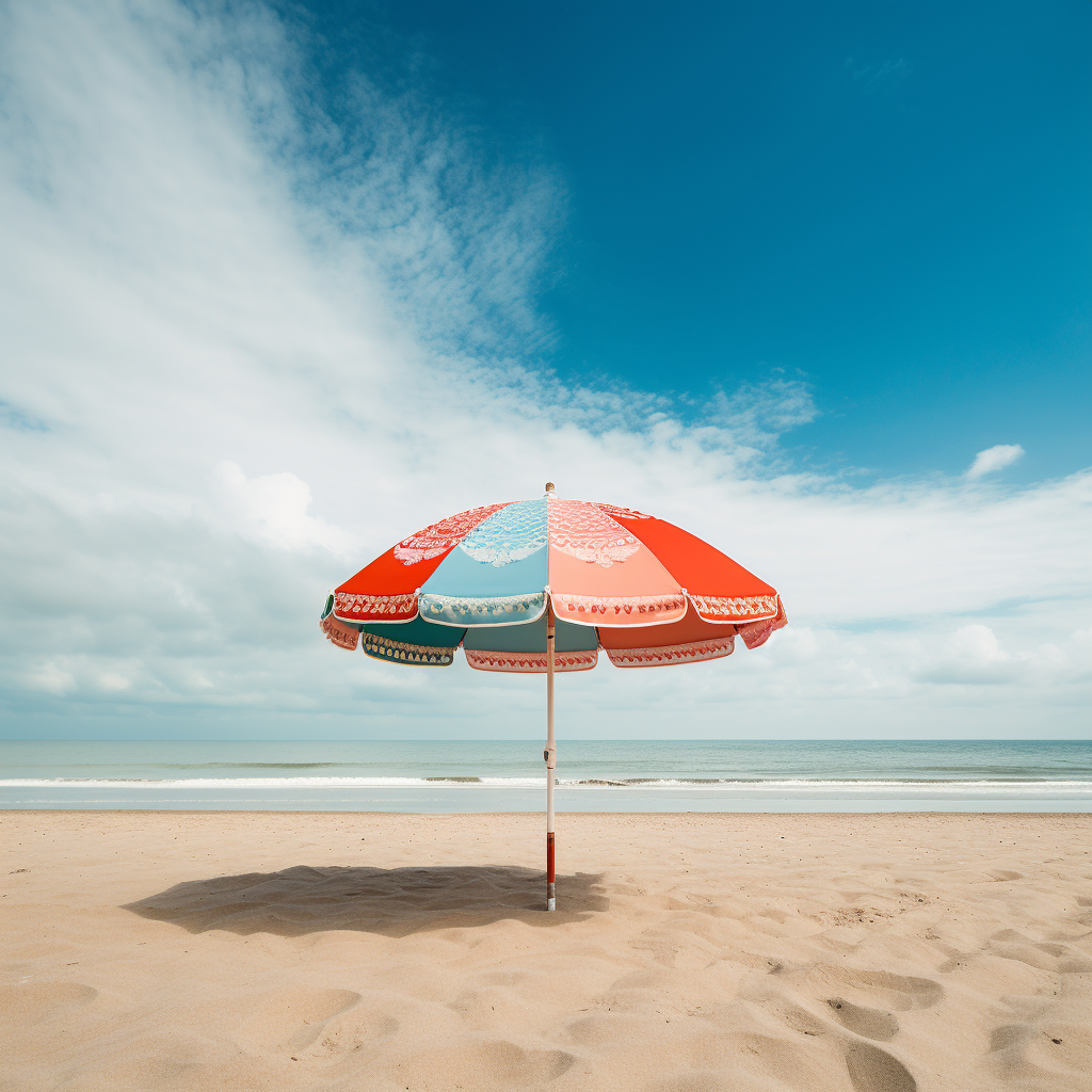 Parasol de multiples couleurs posés sur la plage sous un beau ciel bleu