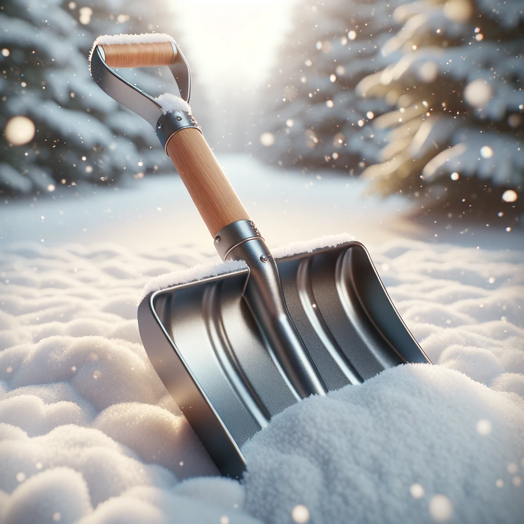 pelle à neige faite de métal avec manche en bois. flocons de neige tombent.