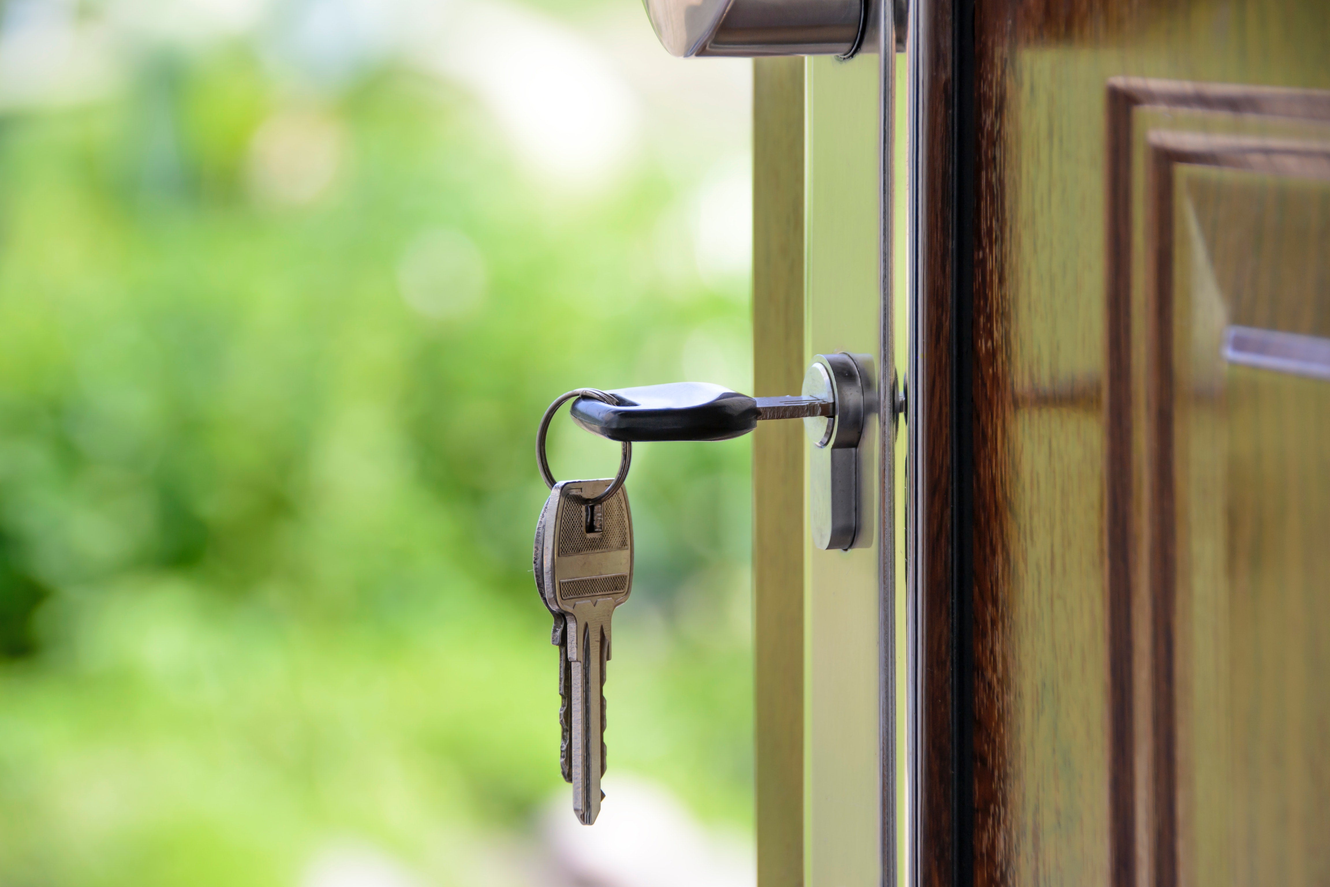 Clés avec porte clé sur porte en bois avec fond vert flou nature