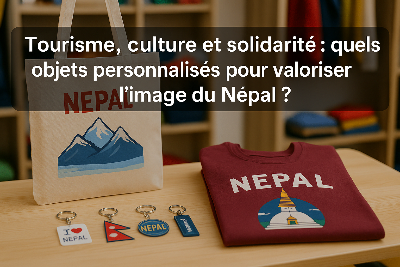 portes clés, t-shirt et tote bag avec logo du nepal dessus