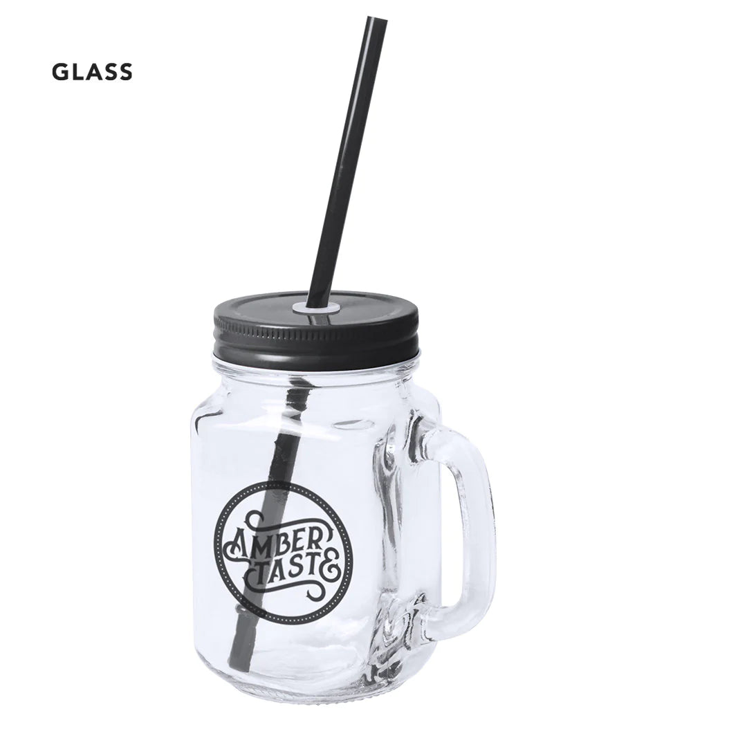 pot à anses marqué avec un logo, en verre avec bouchon noir et paille noire