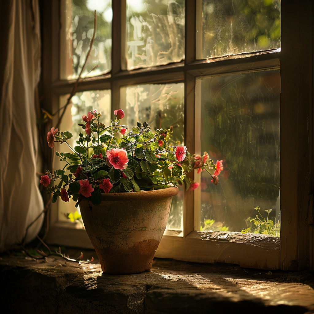 Illustration d'un pot de fleurs fait de poterie, dont les fleurs qu'il contient sont roses avec des tiges vertes