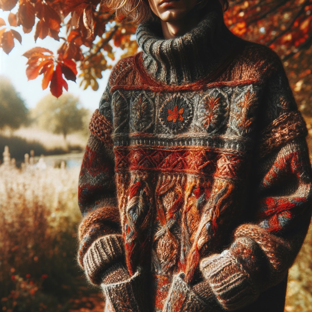 Une femme debout porte un superbe pull d'automne 