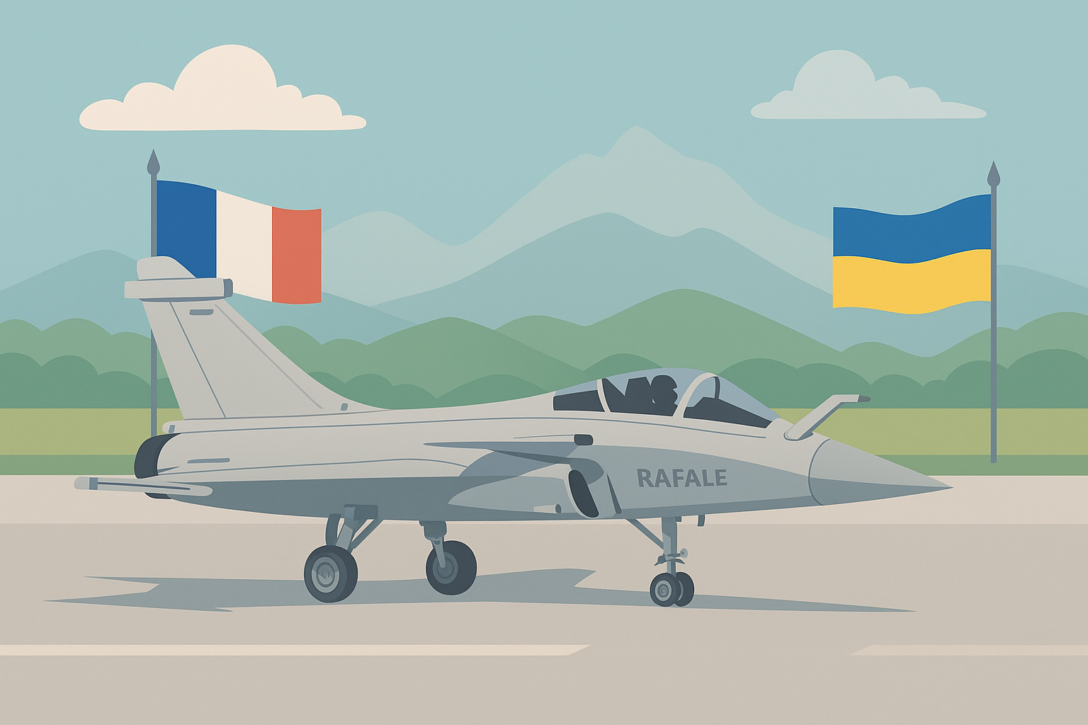 rafale sur une piste avec drapeau francais et ukrainien