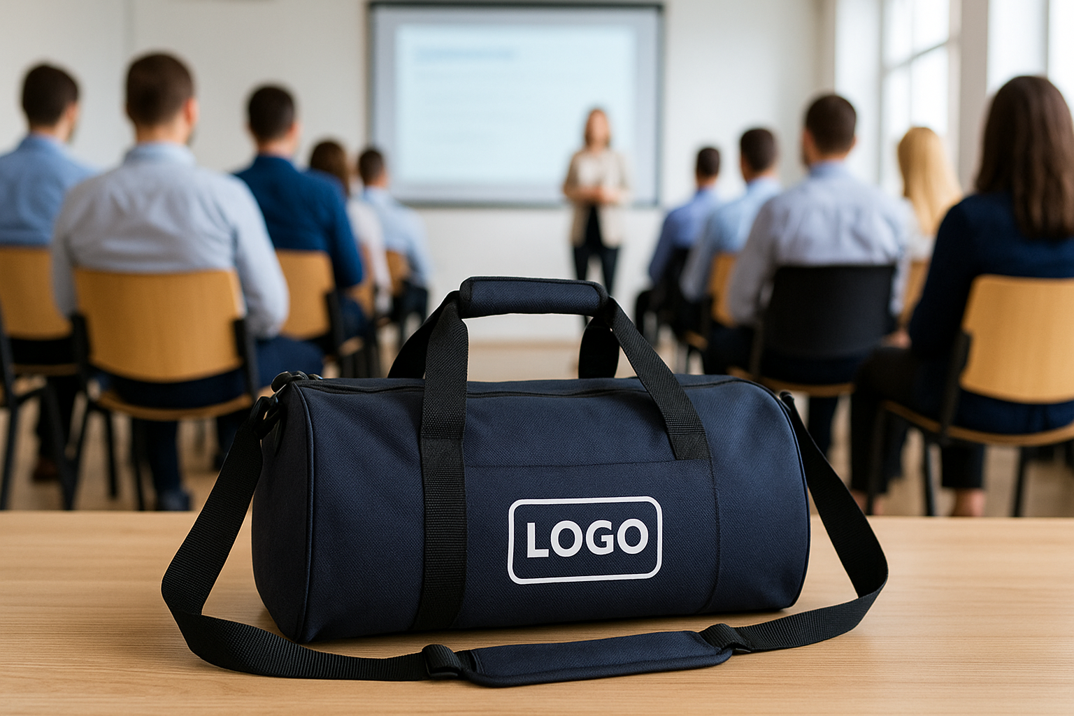 sac de sport bleu foncé avec logo blanc au centre