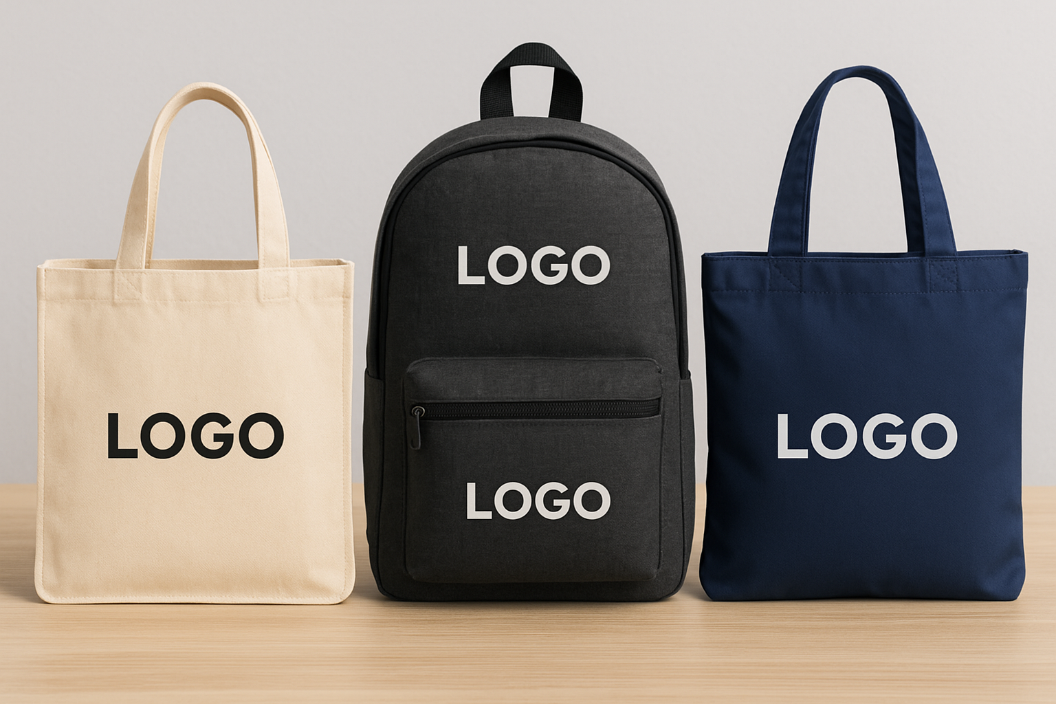 sacs beige, noir et bleu foncé avec logo blanc marqués dessus